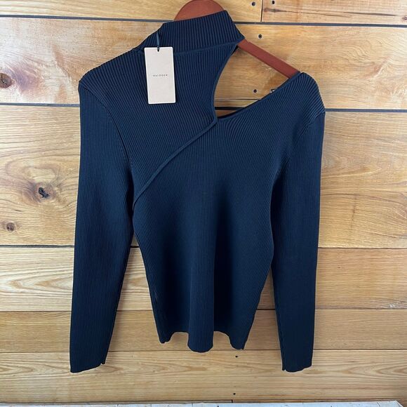 Halogen Shoulder Cutout Mock Neck Rib Sweater NWT Large Black - Picture 4 of 8